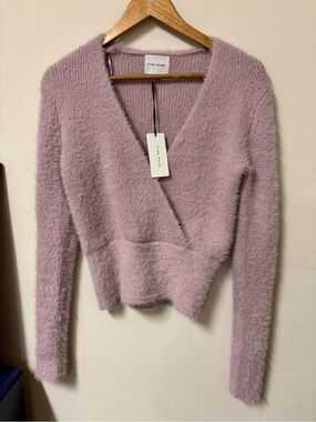Pink Rose Women's Fuzzy V-Neck Wrap Sweater in Mauve